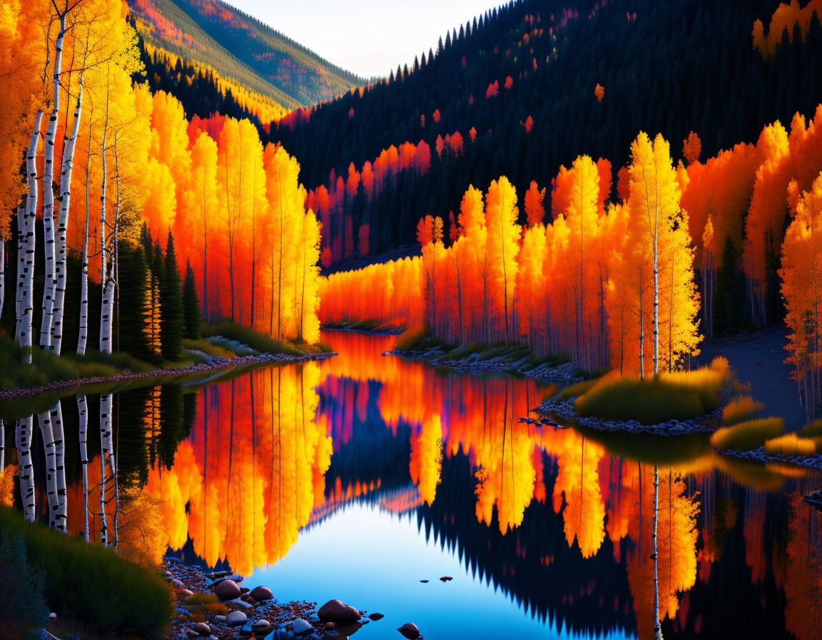 Autumn Trees Reflecting on Calm Lake at Dusk