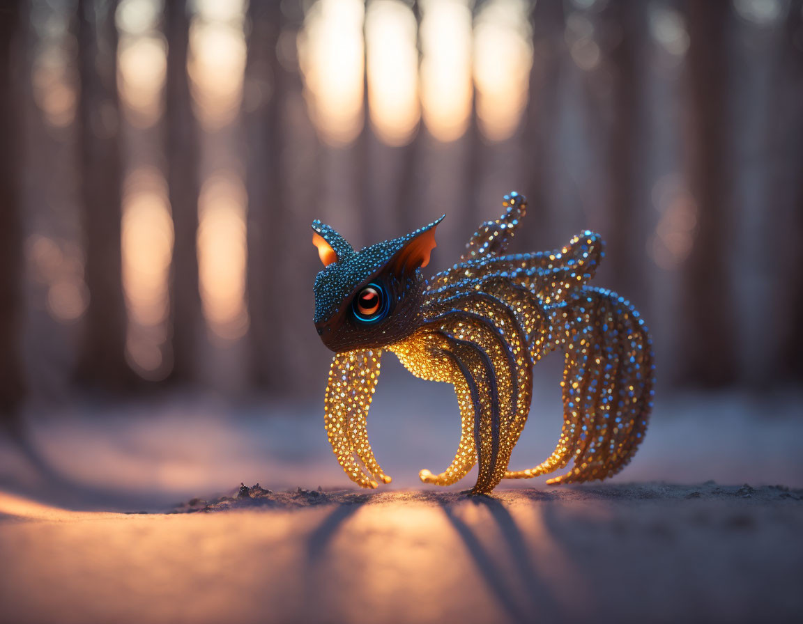 Toy dragon illuminated in forest at dusk with snow