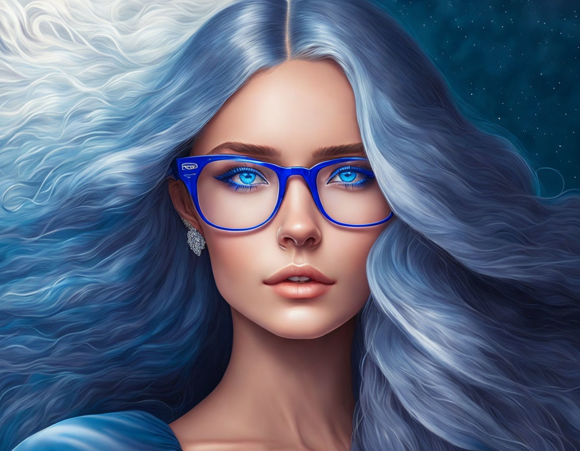 Blue-haired woman with blue glasses in starry night setting