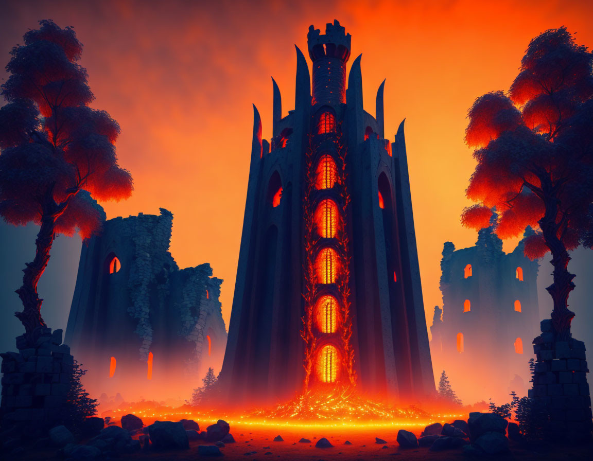 Gothic castle in fiery landscape with illuminated windows