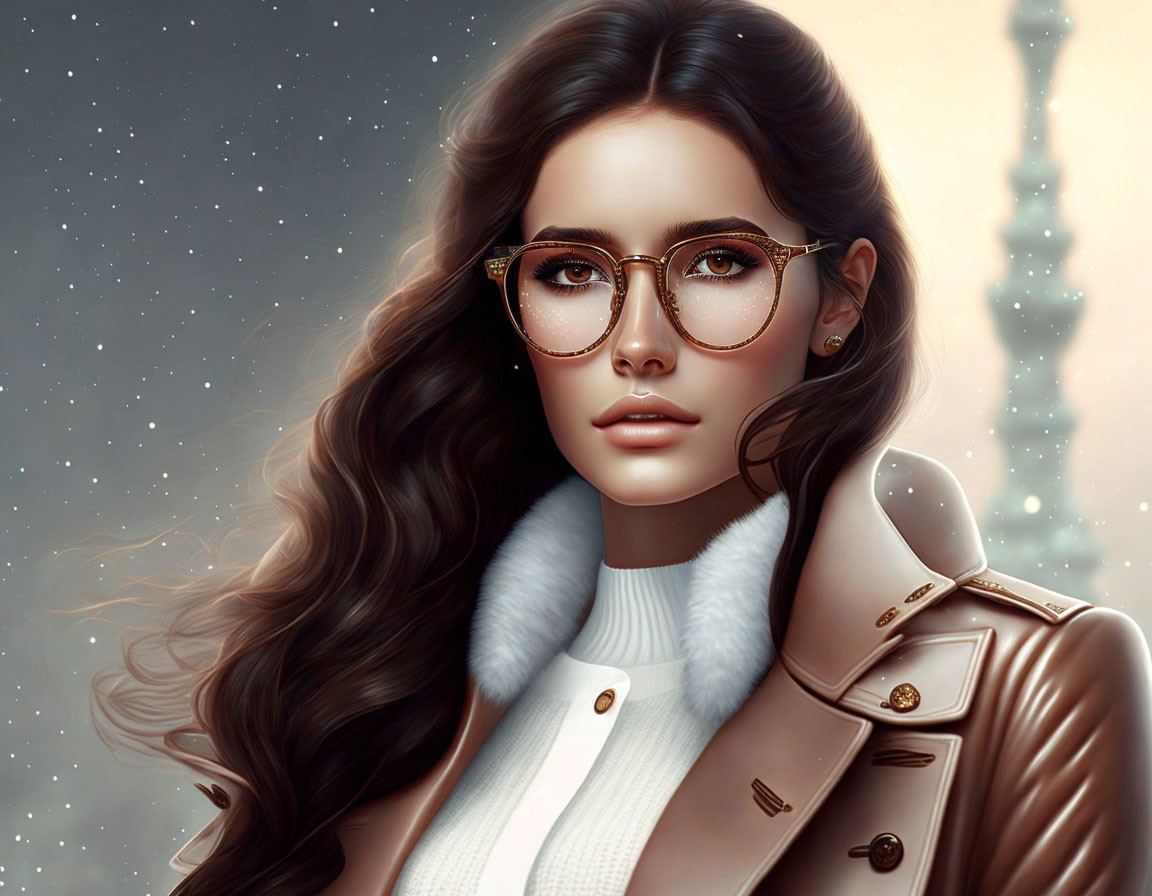 Digital portrait of woman with long wavy hair and glasses in stylish brown jacket against starry backdrop