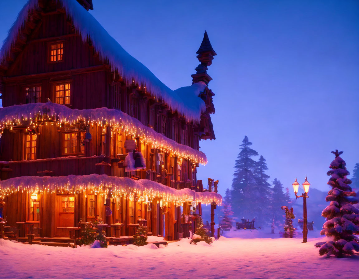 Snow-covered wooden chalet with warm lights in twilight setting.