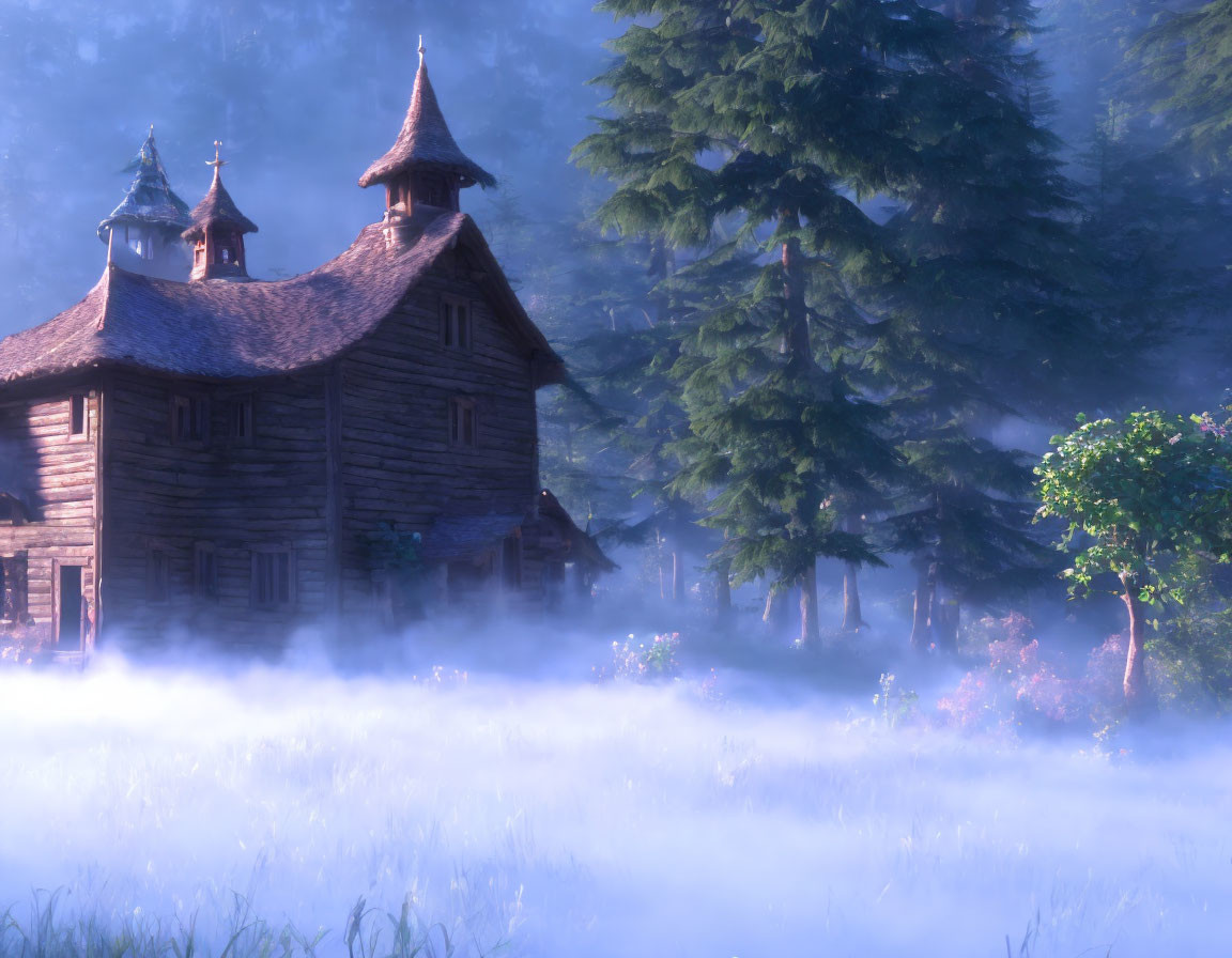 Mystical wooden cabin in misty forest with soft sunlight