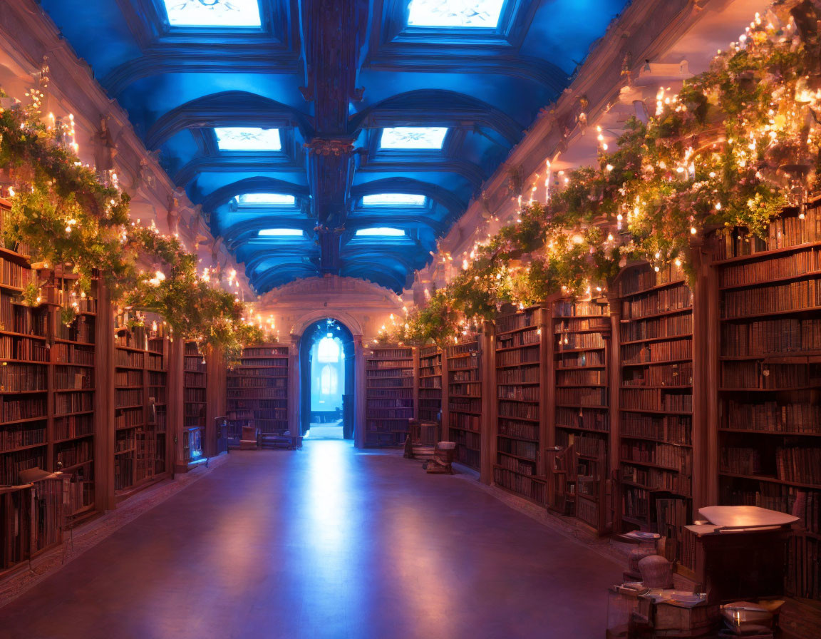 Enchanting library with arched blue ceiling and leafy vines casting magical glow