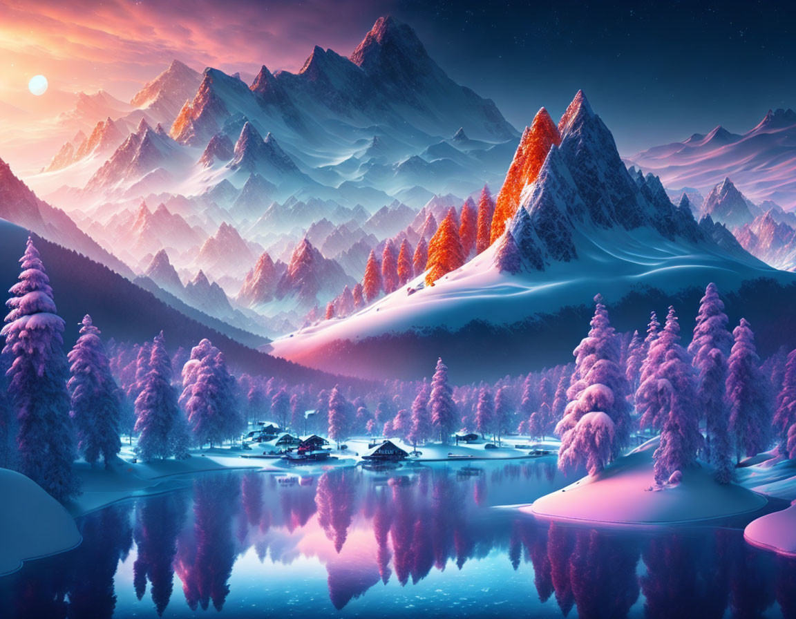 Snowy Mountains and Frosty Trees in Serene Winter Landscape