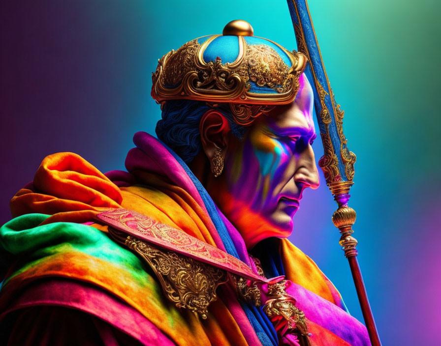 Colorful portrait of regal figure in crown and robes with scepter on gradient backdrop