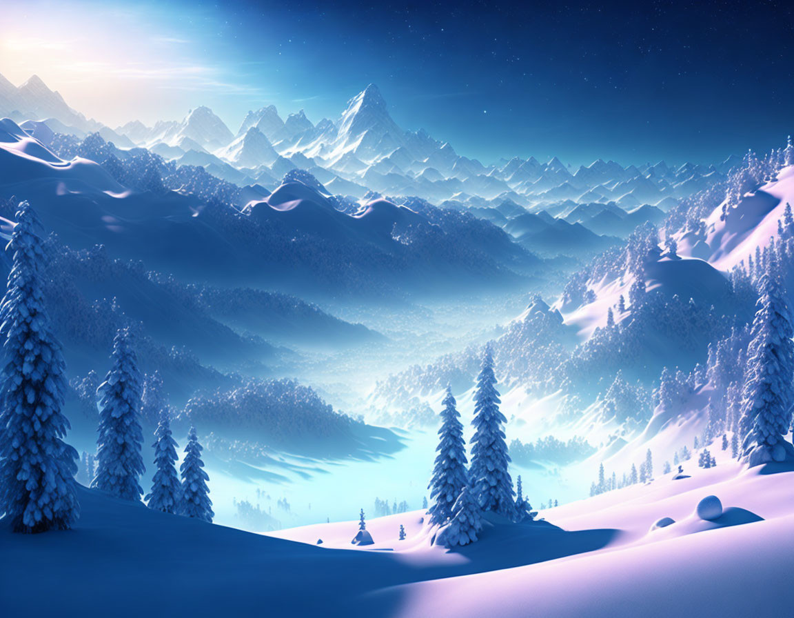 Snowy mountains and evergreen forests in serene winter landscape