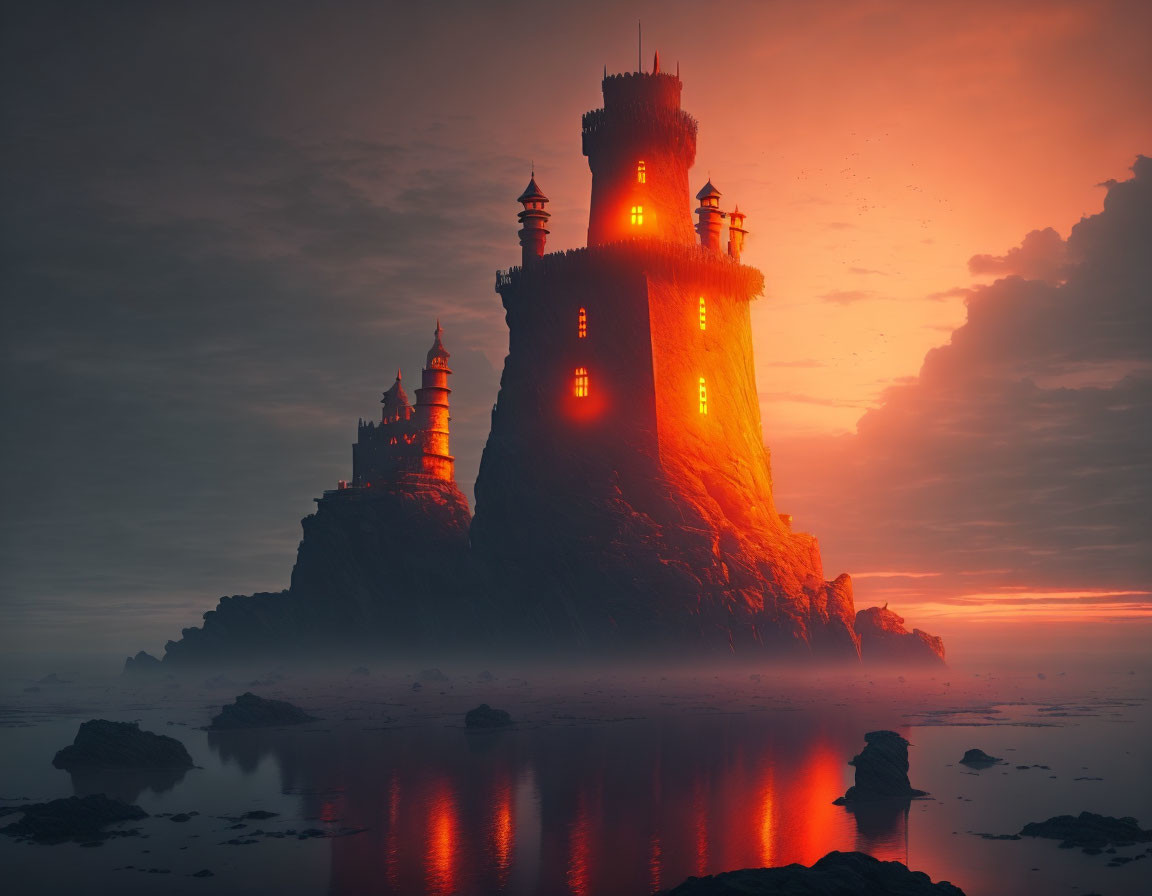 Glowing windows castle on rugged cliff in misty landscape