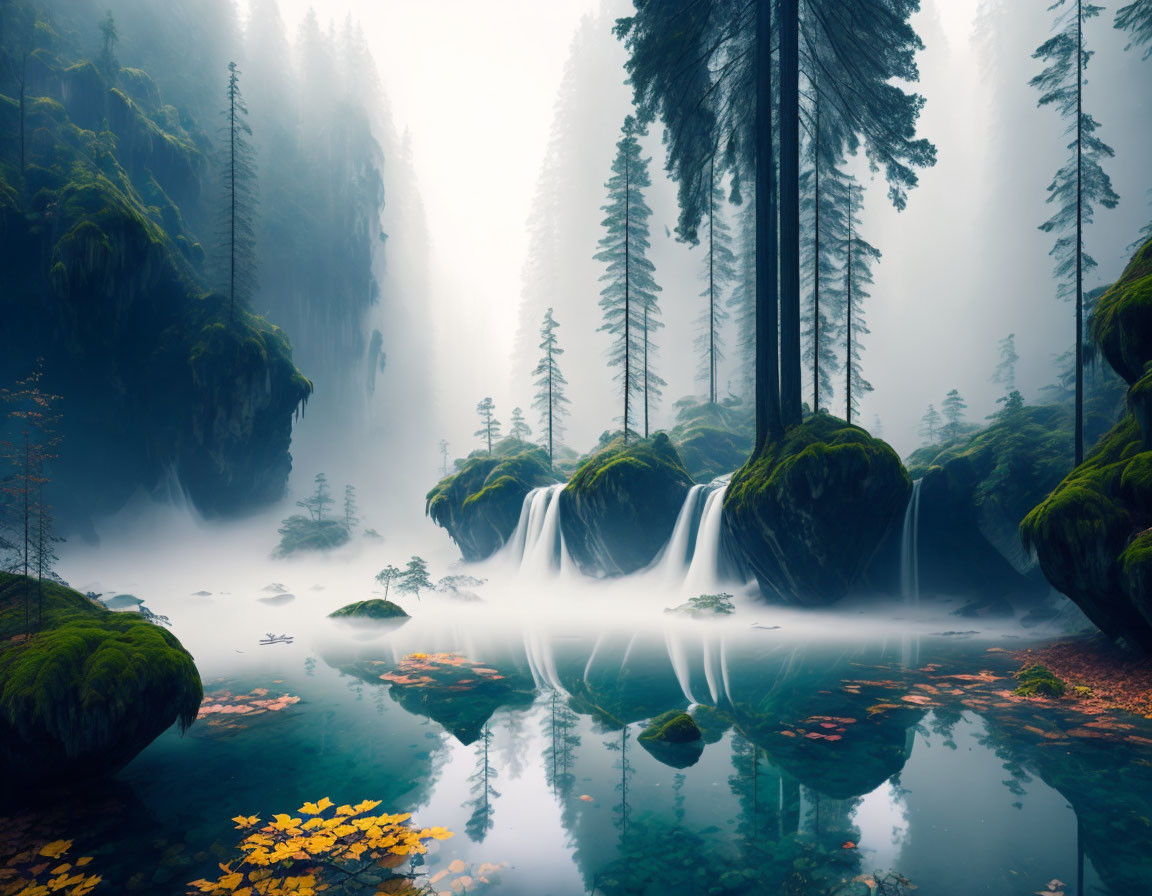 Tranquil Misty Forest with Waterfall and Reflective Lake