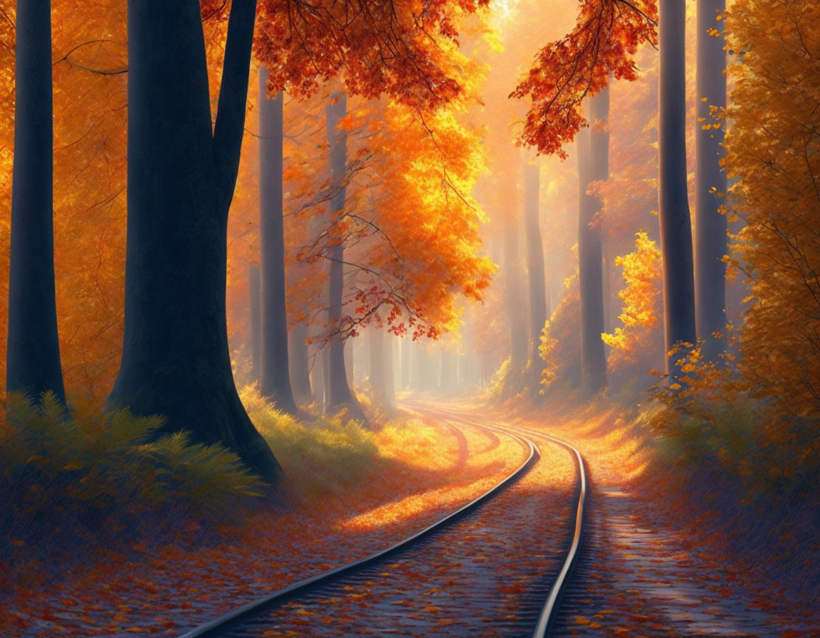 Tranquil autumn forest with railway track and colorful foliage