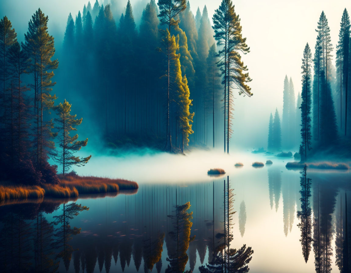 Tranquil lake with mist, pine forest, and golden light