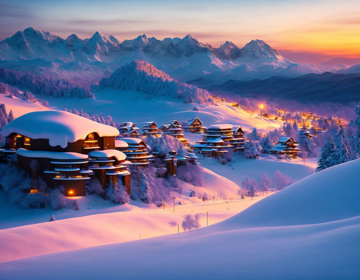 Snow-covered chalets and glowing lights in winter dusk.