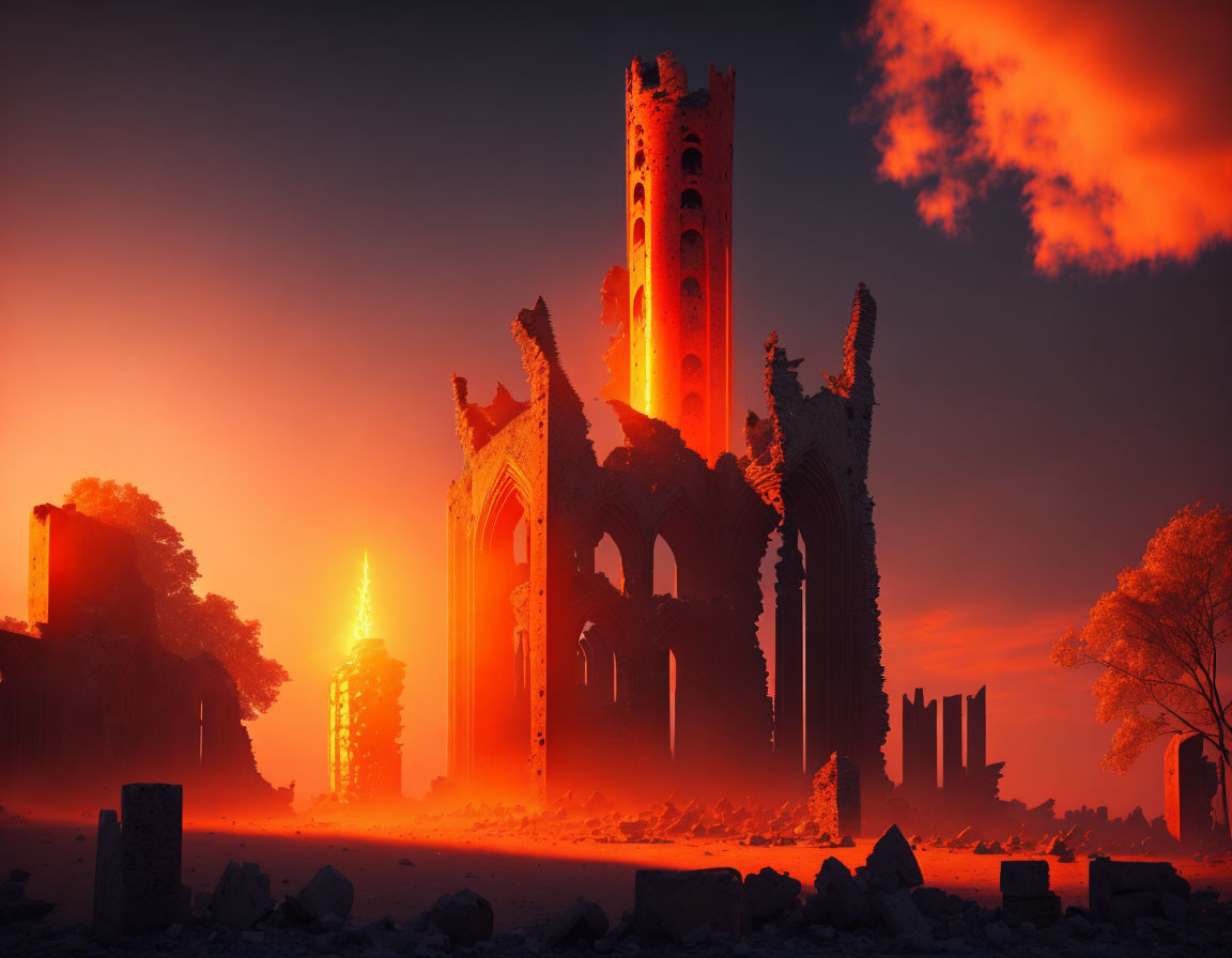 Gothic cathedral ruins in intense orange sunset light