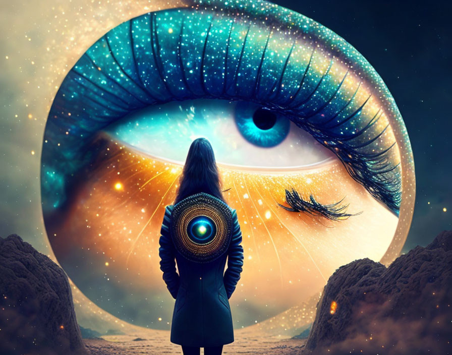 Surreal cosmic eye gazing at a person in cosmic setting