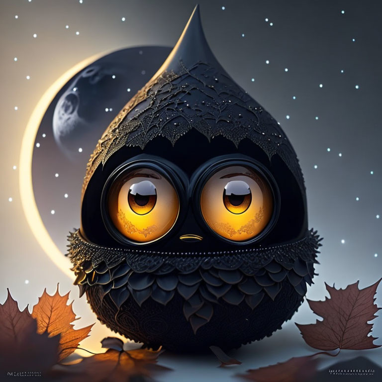 Chubby Black Owl with Golden Eyes in Moonlit Night Scene