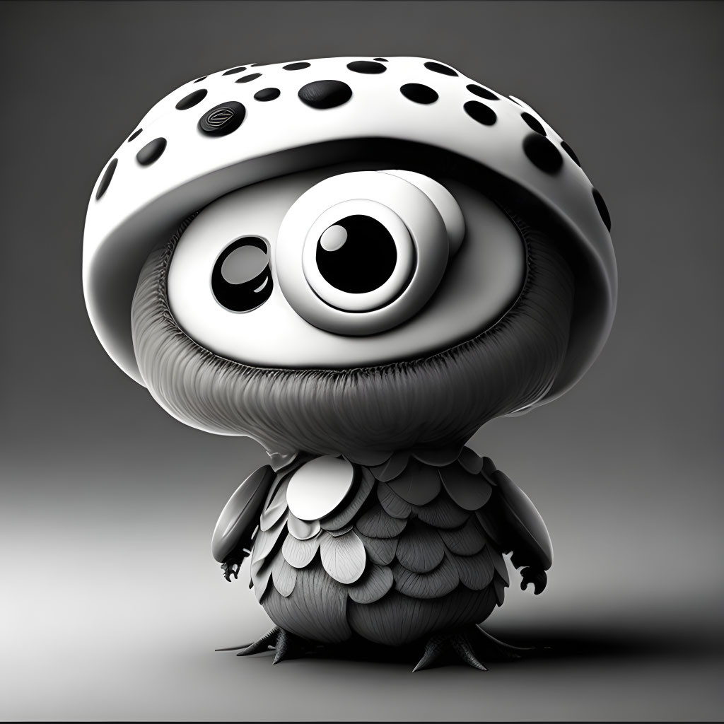 Monochrome stylized animated creature with mushroom cap head