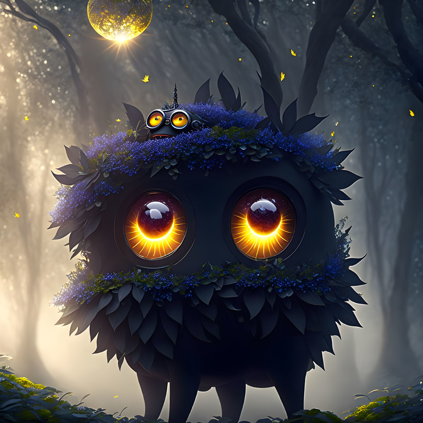 Whimsical creature with glowing eyes in mystical forest