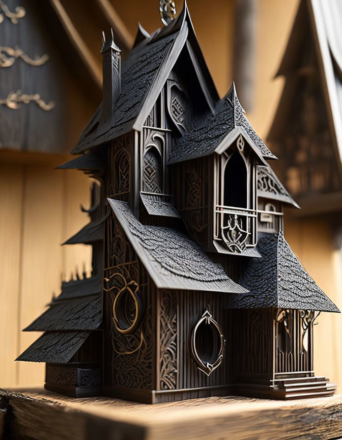 Intricate Gothic-style miniature wooden house on book