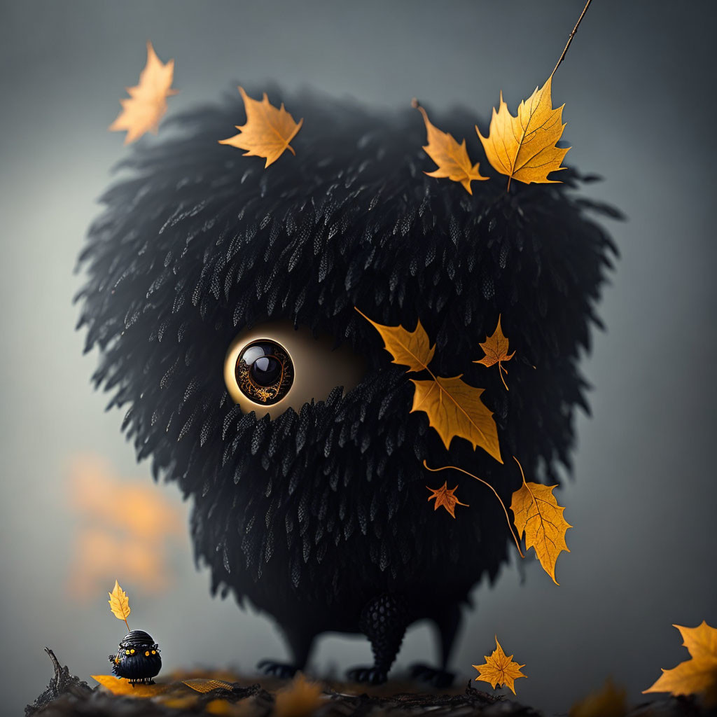 Fluffy black creature with large eye in autumn leaves