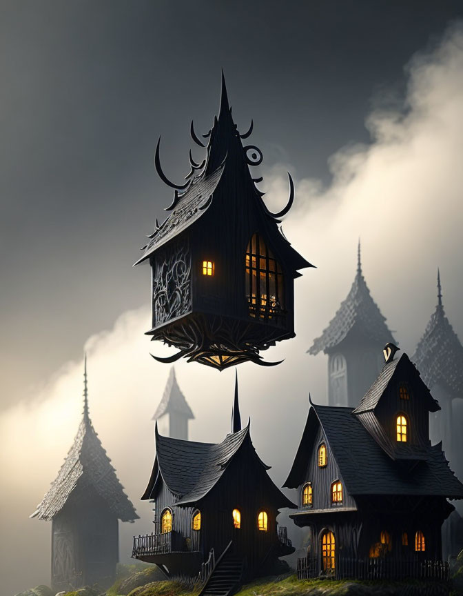 Fantastical Floating Gothic House Over Misty Grounded Homes