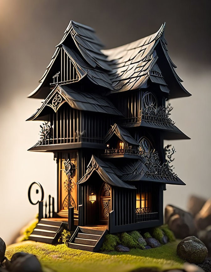 Detailed Japanese-style miniature house on rocky moss terrain