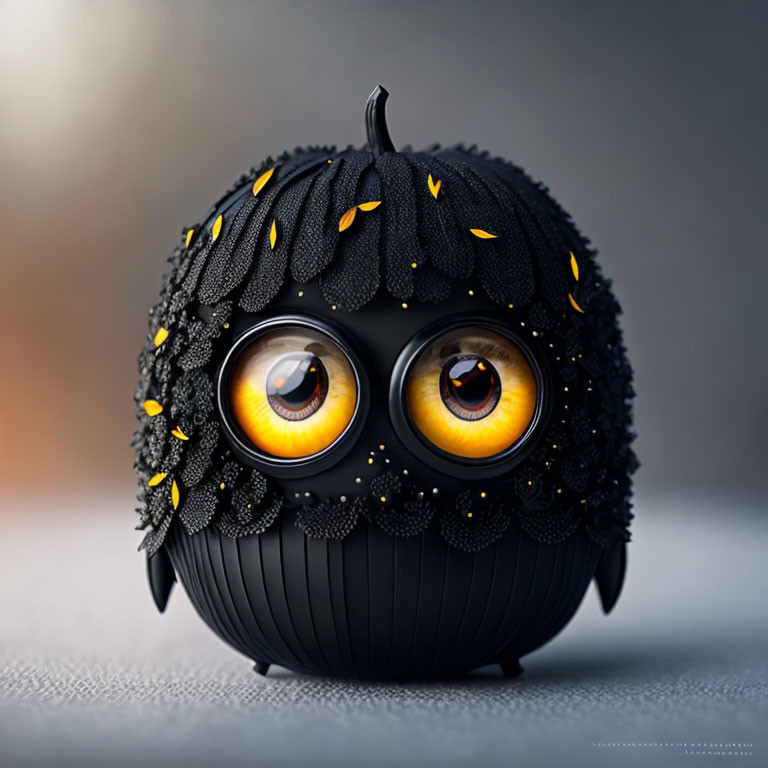 Whimsical Black Pumpkin with Large Expressive Eyes and Autumn Leaves Eyelashes