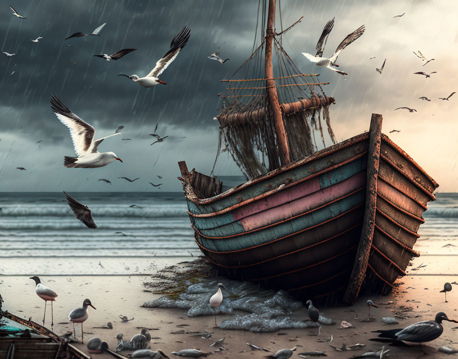 Wooden boat on shore under stormy sky with seagulls and rain.