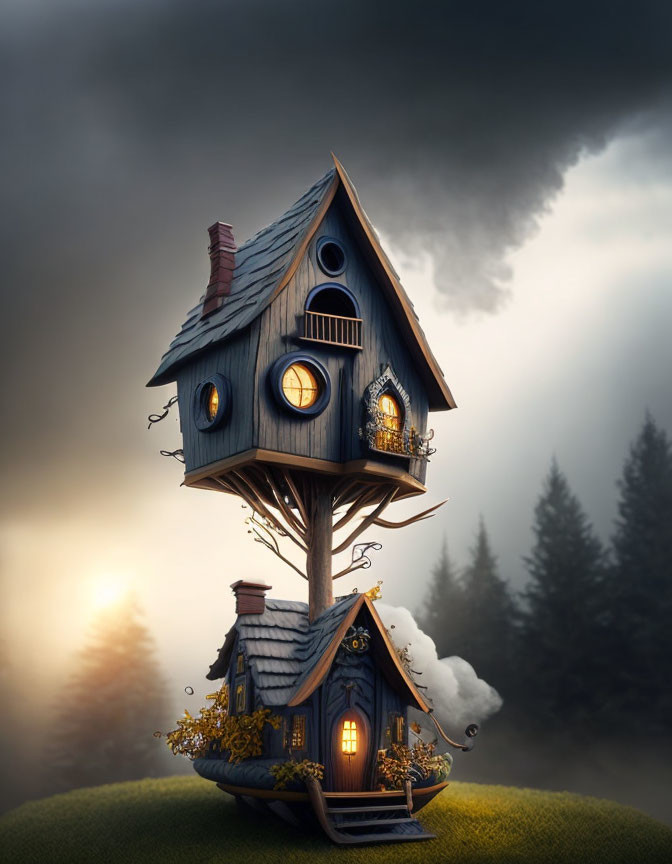 Enchanting treehouse with crooked chimney in misty forest