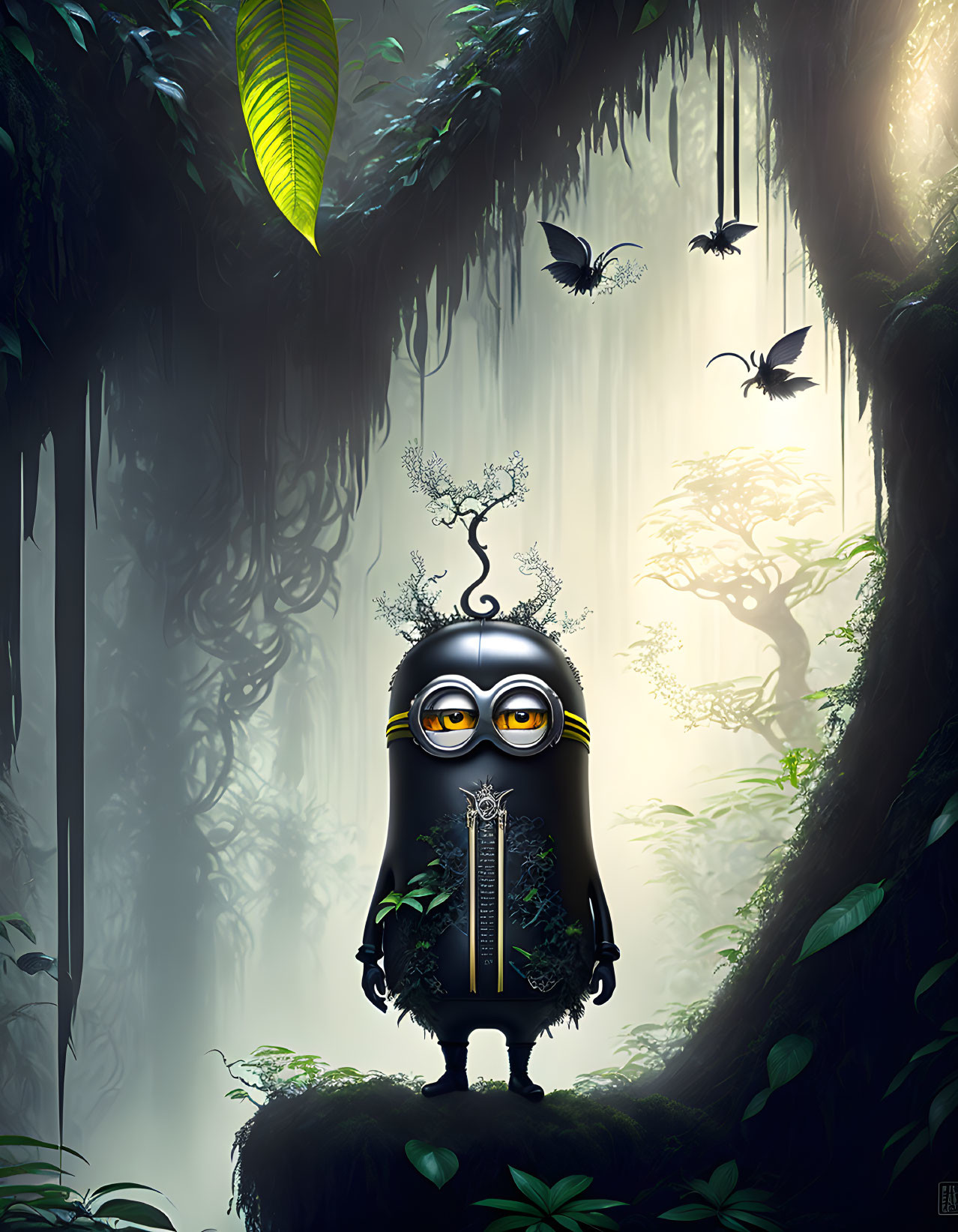 Whimsical creature with tree head in misty forest with birds and vines