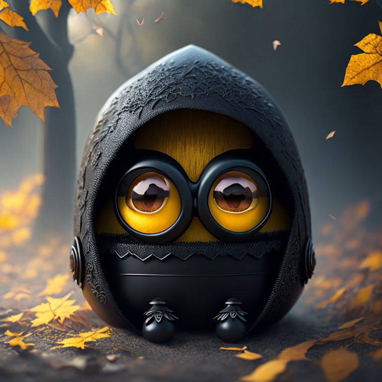 Cartoon-style character in black cloak with autumn leaves - 3D illustration