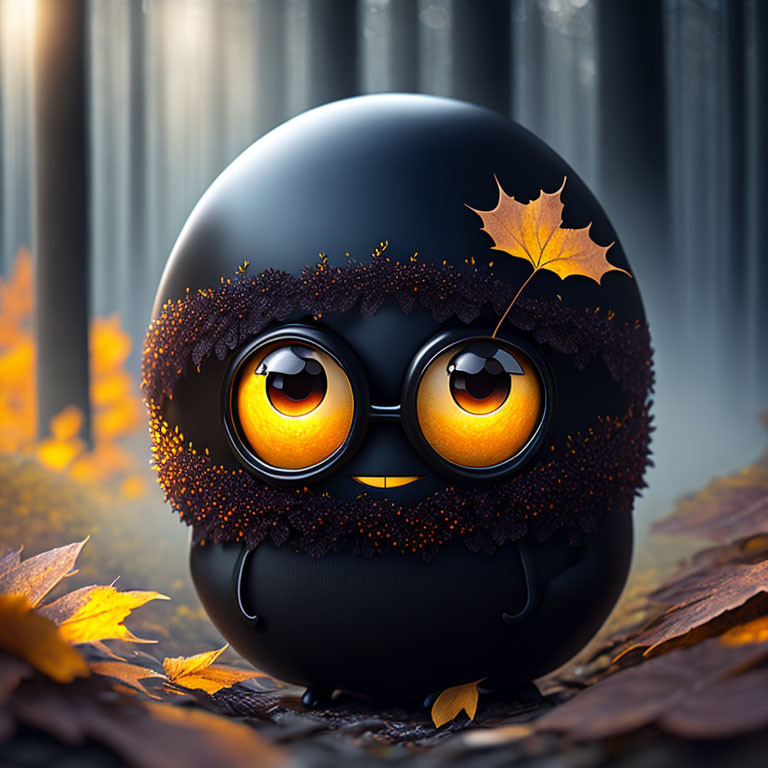 Black round character with orange eyes and leaf, surrounded by autumn leaves in forest.