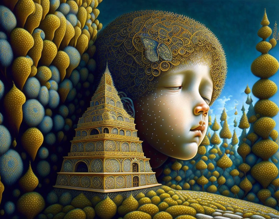 Child with closed eyes in surrealistic illustration surrounded by intricate patterns, spheres, and tower.