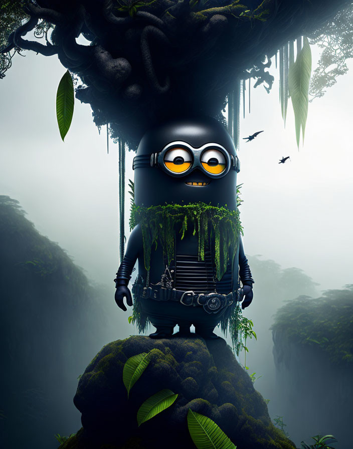 Black-clad animated character on mossy precipice in misty forest