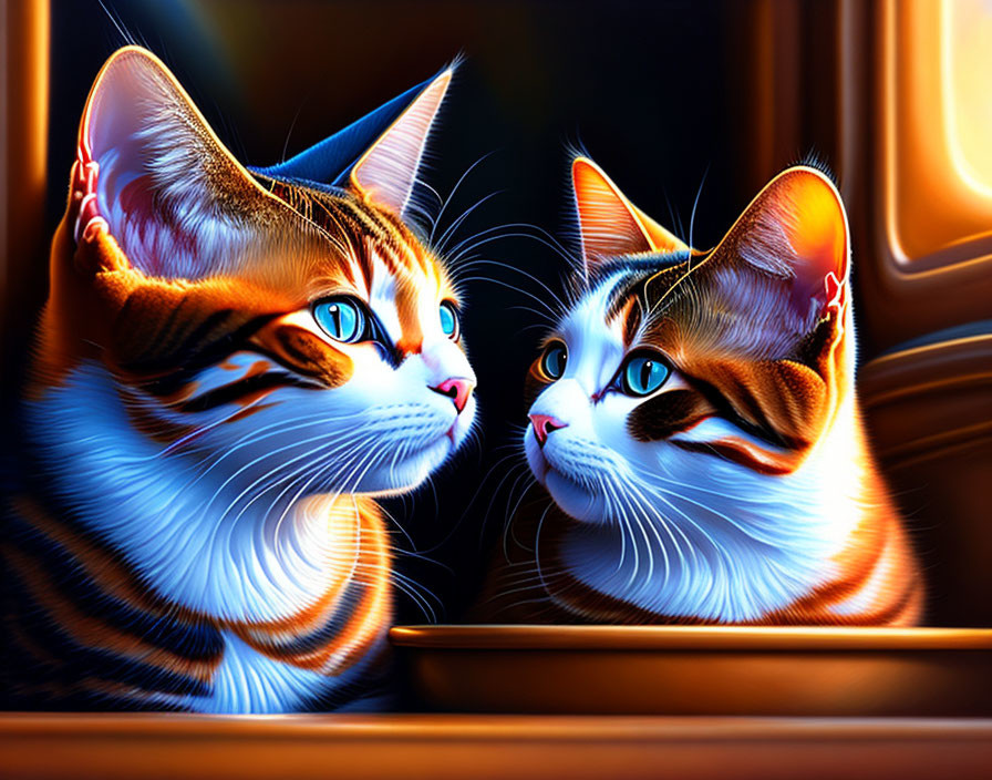 Vibrant colorful cats with blue eyes on warm-toned background