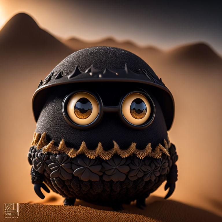 Stylized owl figurine with helmet and beard in desert setting