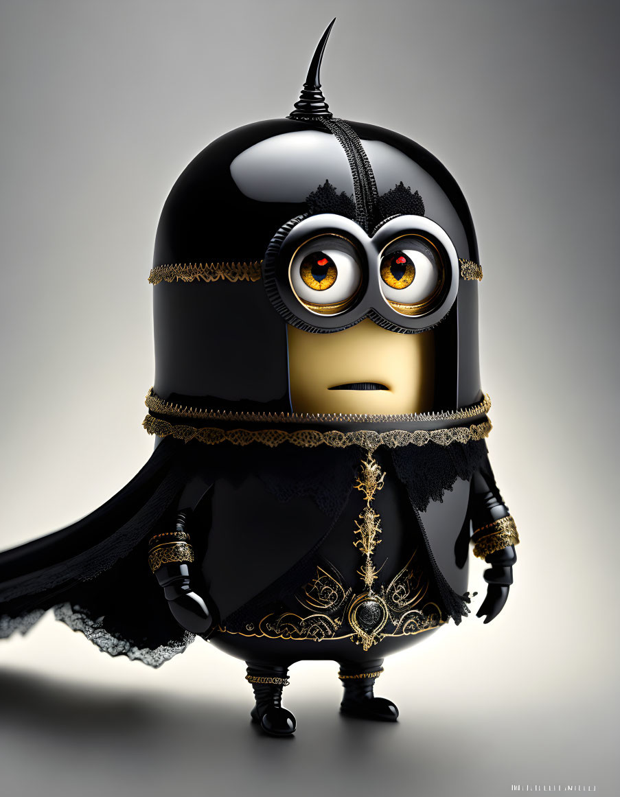 Elaborate black and gold royal costume on Minion character