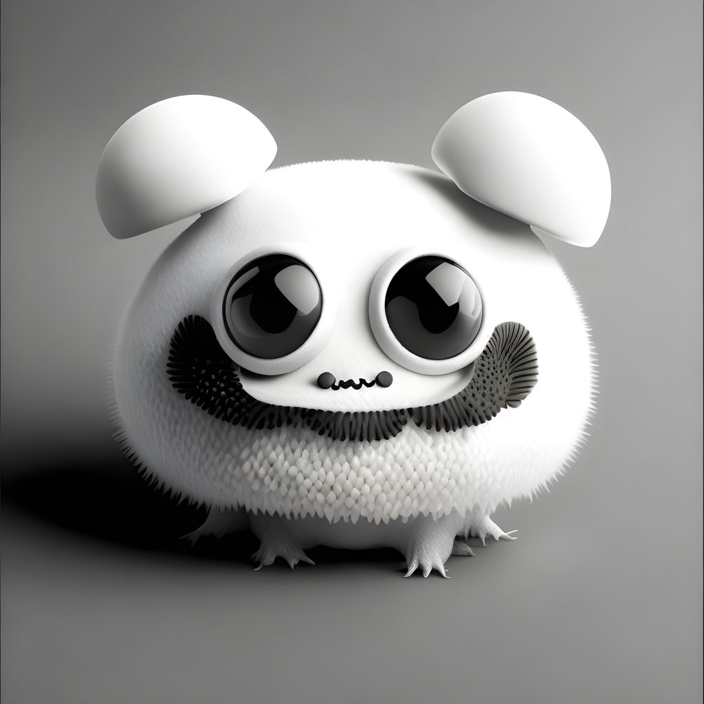 Fluffy white cartoon creature with expressive eyes on grey background