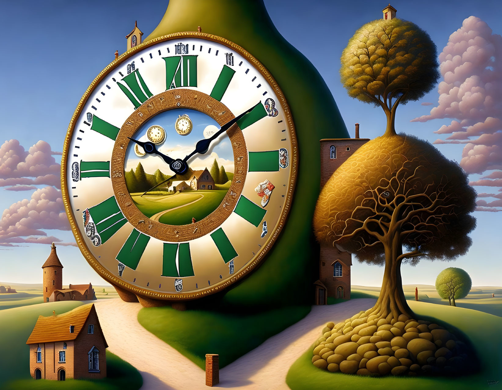 Surreal landscape with large clock merging into rolling hills and houses