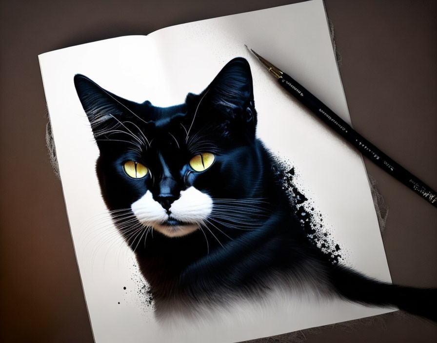 Hyperrealistic Black Cat Drawing with Yellow Eyes on Open Book and Paintbrush