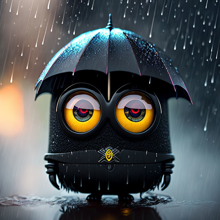 Black round cartoon character with yellow eyes holding umbrella in the rain