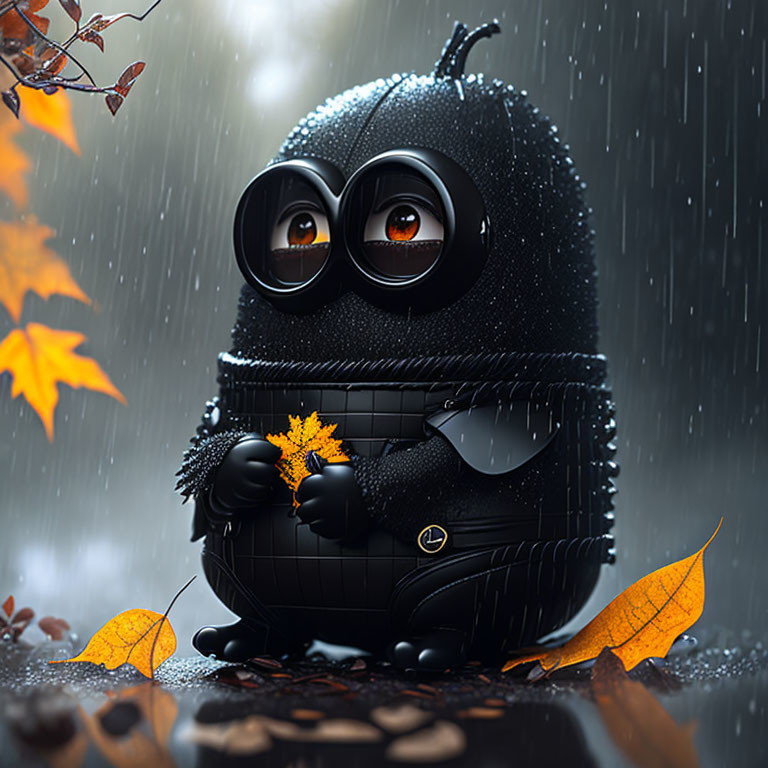 Animated black character with large eyes holding a yellow leaf in rain and autumn setting