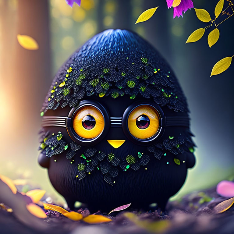 Whimsical black egg-shaped character in enchanted forest illustration