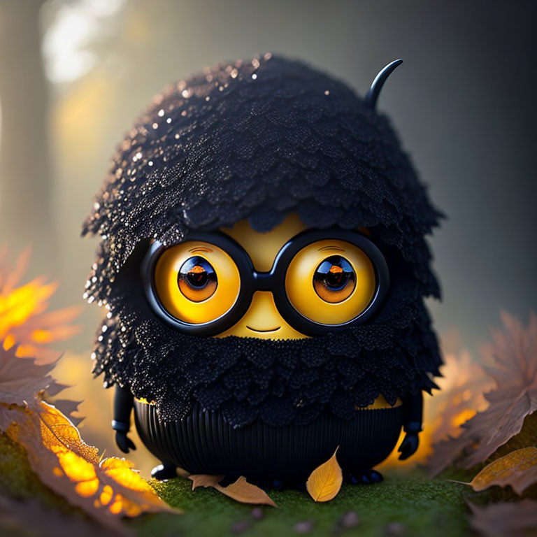 Animated creature with glasses in autumn leaves.