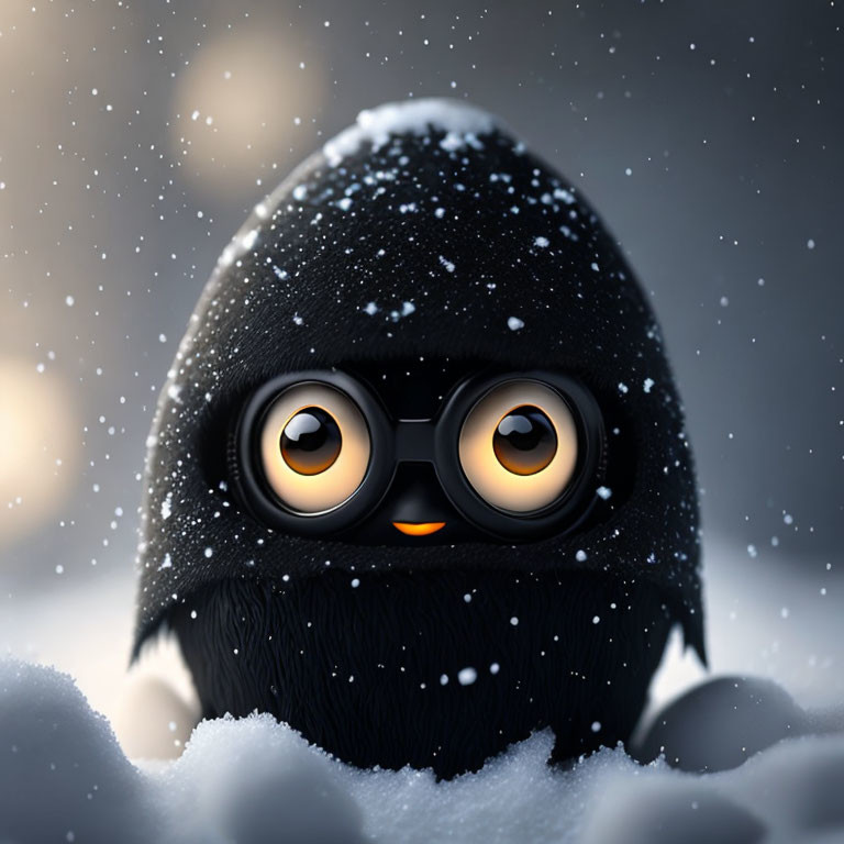 Small fluffy creature with expressive eyes peeking from snowy hood in winter landscape