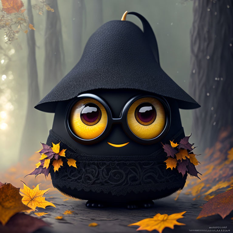 Cute animated character in black hat and glasses among autumn leaves