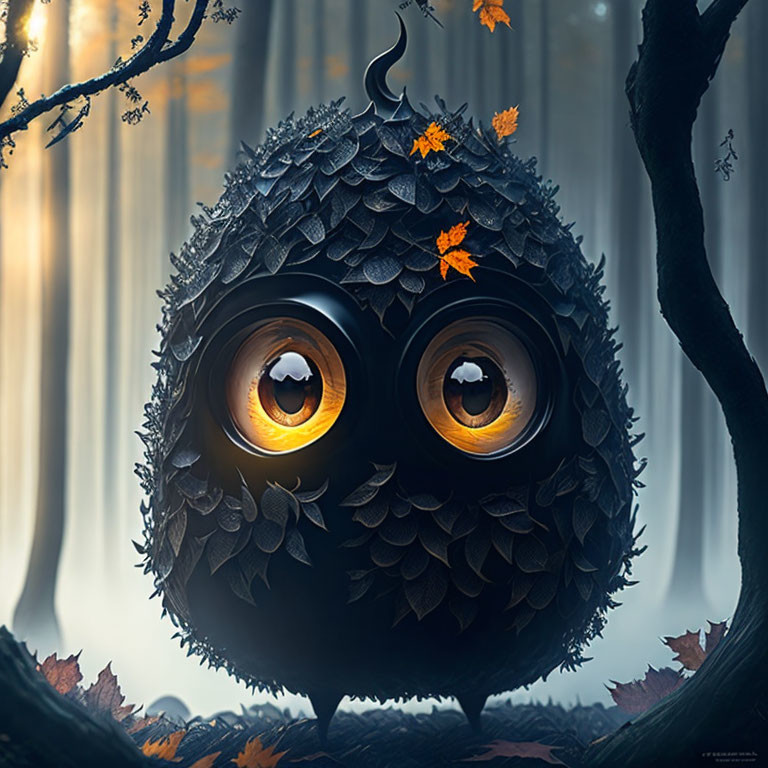 Round creature with large eyes in mystical forest with leafy adornments