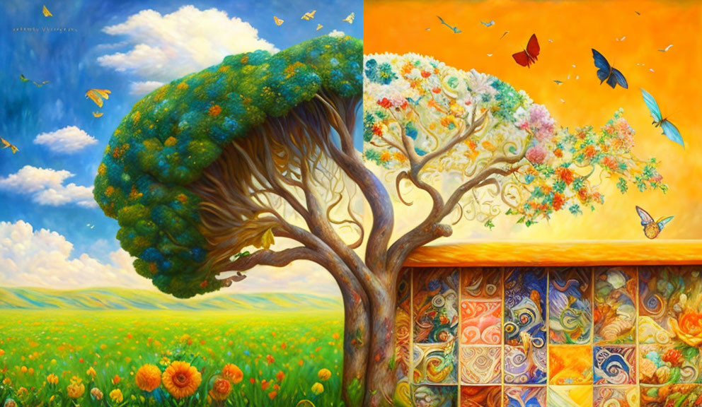 Colorful Artwork: Lush Tree with Flower Canopy and Butterfly-Filled Sky