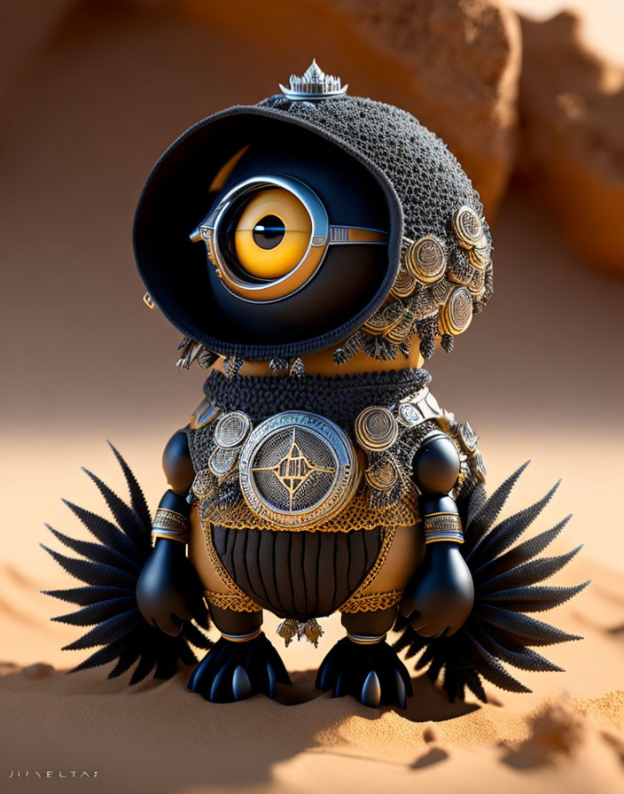 Detailed 3D illustration of whimsical steampunk-inspired creature on sandy surface