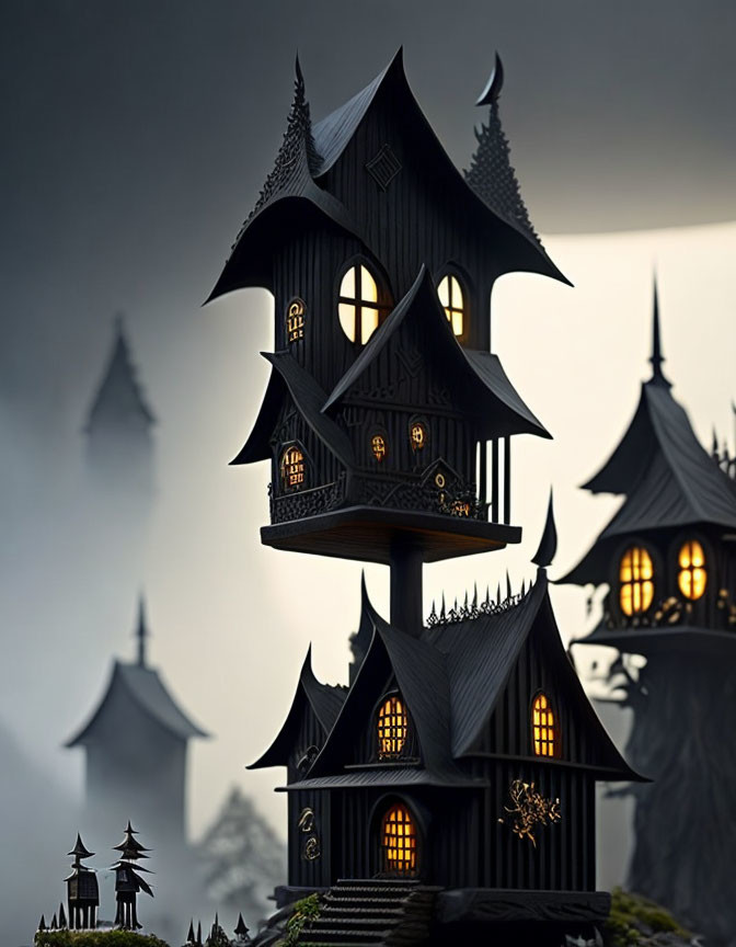 Gothic-style multi-tiered house in foggy landscape