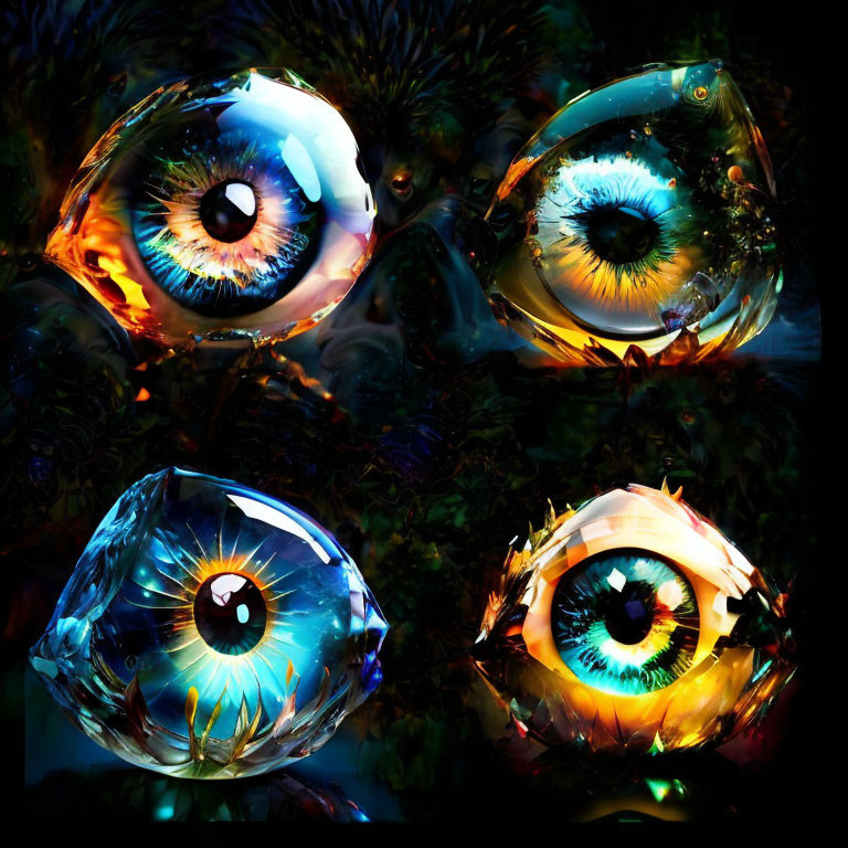 Abstract Artwork: Four Vibrant Stylized Eyes with Fiery and Floral Elements